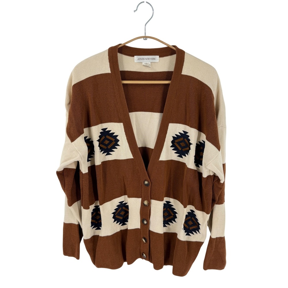 Vintage Jones New York Cardigan Brown Medium Western 100% Cotton Knit V-Neck